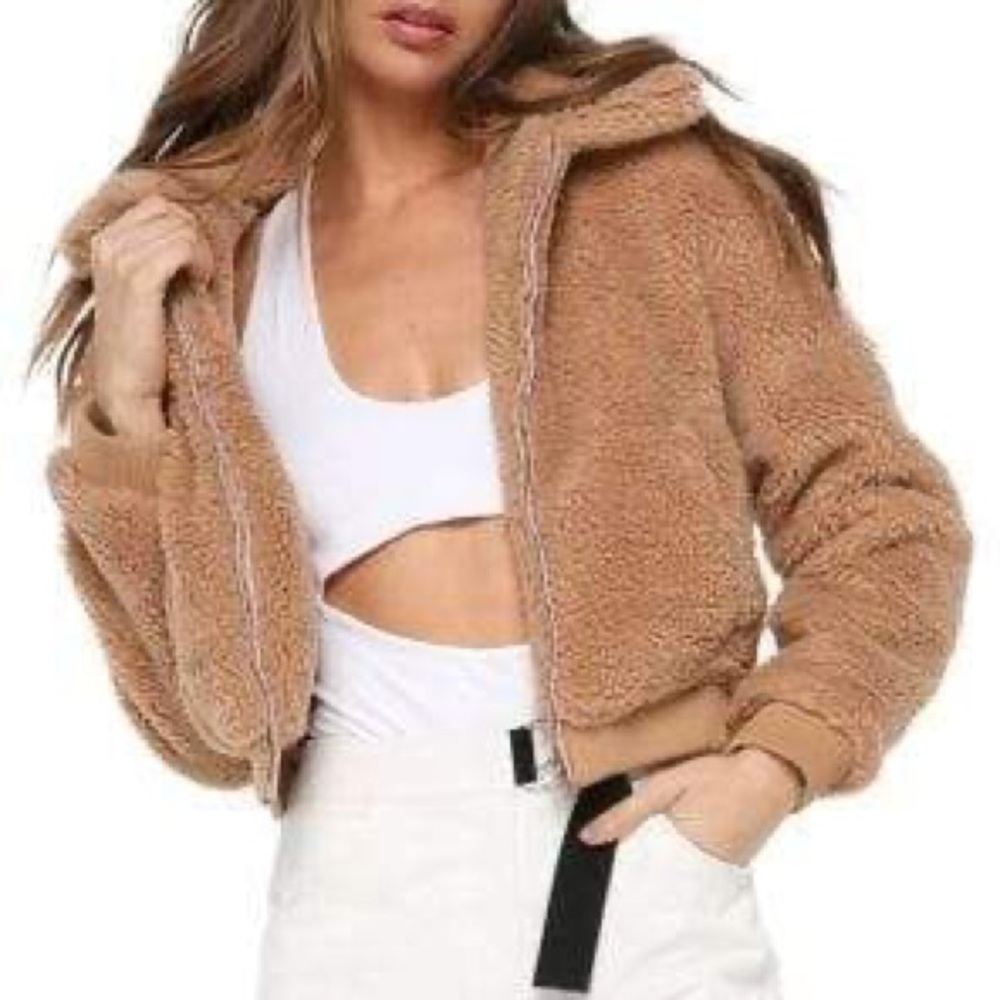 Tiger Mist Women’s Tan‎ Brown Teddy Plush Cropped Bomber Jacket Pockets Zip XS